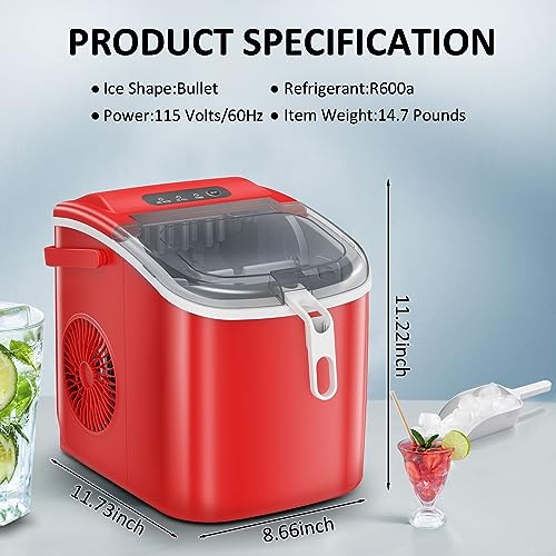 Antarctic Star Countertop Ice Maker Portable Ice Machine, Basket Handle,Self-Cleaning Ice Makers, 26Lbs/24H, 9 Ice Cubes Ready in 6 Mins, S/L ice, for Home Kitchen Bar Party (Red)