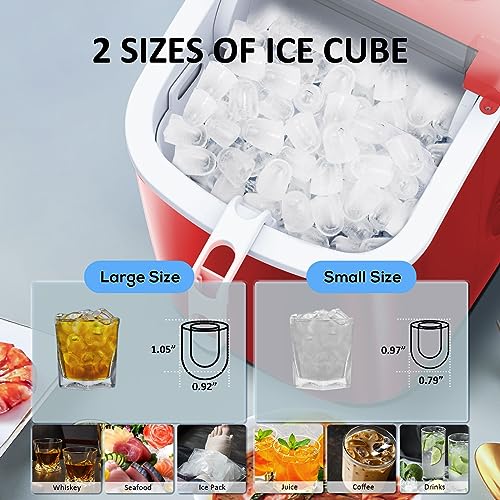 Antarctic Star Countertop Ice Maker Portable Ice Machine, Basket Handle,Self-Cleaning Ice Makers, 26Lbs/24H, 9 Ice Cubes Ready in 6 Mins, S/L ice, for Home Kitchen Bar Party (Red)