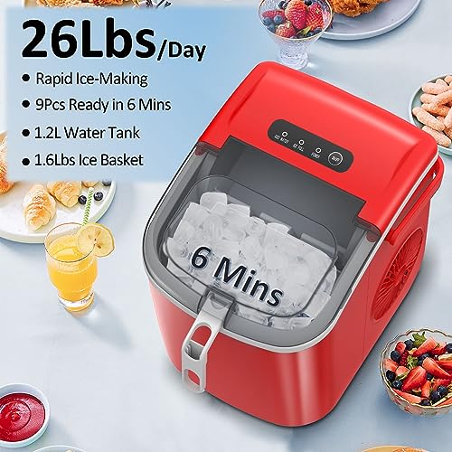 Antarctic Star Countertop Ice Maker Portable Ice Machine, Basket Handle,Self-Cleaning Ice Makers, 26Lbs/24H, 9 Ice Cubes Ready in 6 Mins, S/L ice, for Home Kitchen Bar Party (Red)