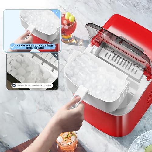 Antarctic Star Countertop Ice Maker Portable Ice Machine, Basket Handle,Self-Cleaning Ice Makers, 26Lbs/24H, 9 Ice Cubes Ready in 6 Mins, S/L ice, for Home Kitchen Bar Party (Red)