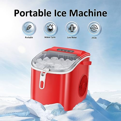 Antarctic Star Countertop Ice Maker Portable Ice Machine, Basket Handle,Self-Cleaning Ice Makers, 26Lbs/24H, 9 Ice Cubes Ready in 6 Mins, S/L ice, for Home Kitchen Bar Party (Red)