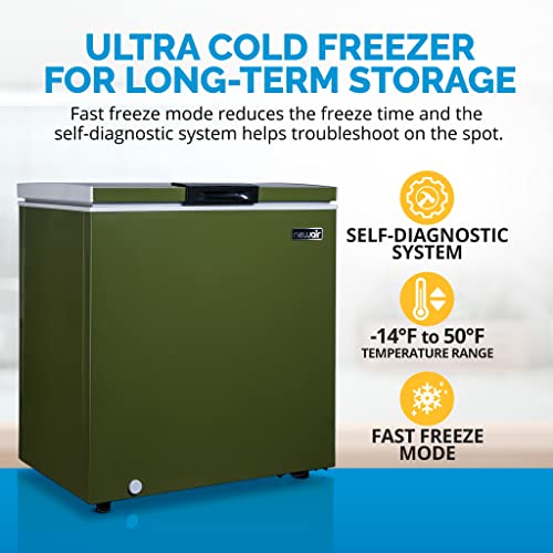 Newair 5 Cu. Ft. Mini Deep Chest Freezer and Refrigerator in Military Green with Digital Temperature Control, Fast Freeze Mode, Stay-Open Lid, Removeable Storage Basket, Self-Diagnostic Program