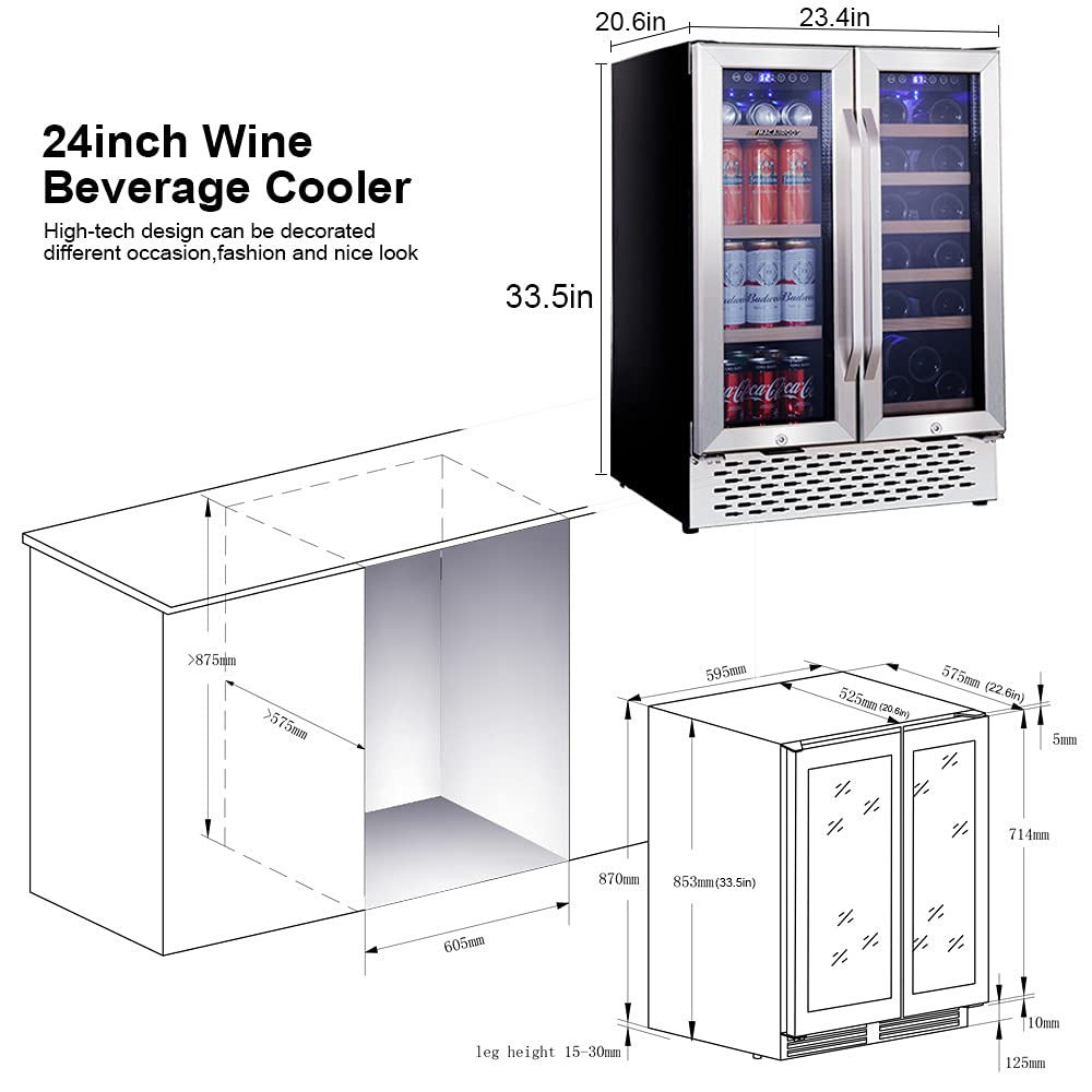 Macaiiroos Wine and Beverage Refrigerator, 24 inch Under Counter Dual Zone Wine Cooler for Home - Built in Wine Fridge w/ 20 Bottles and 78 Cans Capacity