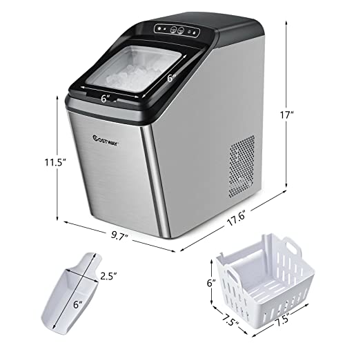 COSTWAY Nugget Ice Maker for Countertop, 29 Lbs/24H Portable and Compact Ice Machine with Self-Cleaning, Auto-Defrost Function, 3 Lbs Basket and Scoop, Stainless Steel Ice Maker for Indoor Use, RV