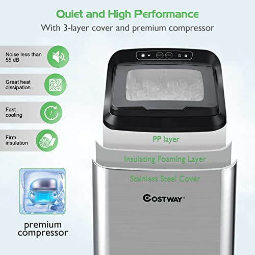 COSTWAY Nugget Ice Maker for Countertop, 29 Lbs/24H Portable and Compact Ice Machine with Self-Cleaning, Auto-Defrost Function, 3 Lbs Basket and Scoop, Stainless Steel Ice Maker for Indoor Use, RV