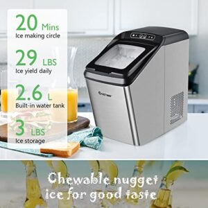 COSTWAY Nugget Ice Maker for Countertop, 29 Lbs/24H Portable and Compact Ice Machine with Self-Cleaning, Auto-Defrost Function, 3 Lbs Basket and Scoop, Stainless Steel Ice Maker for Indoor Use, RV