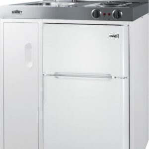 Summit C30EL 30" Kitchenette with 2 Coil Element Cooktop Sink and Faucet in White 2-door refrigerator-freezer included