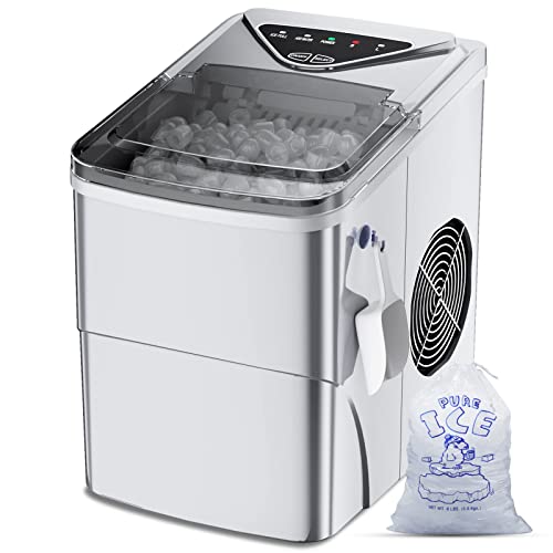 Ice Makers Countertop, Self-Cleaning Function, Portable Electric Ice Cube Maker Machine, 9 Ice Ready in 6 Mins, 26lbs 24Hrs with Ice Bags and Ice Scoop Basket for Home Bar Camping RV(Silver)