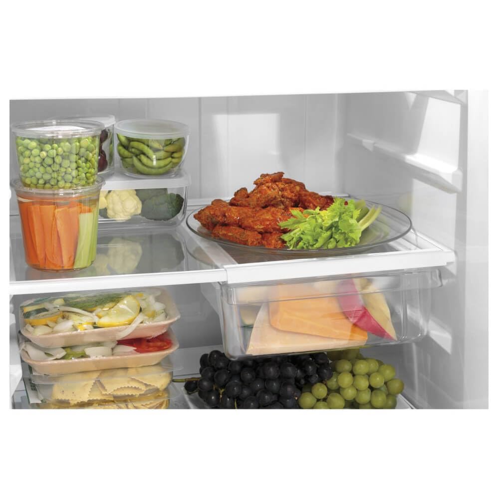 GE GTE18GTNRWW 28" Energy Star Qualified Top Freezer Refrigerator with 17.52 cu. ft. Capacity LED Lighting Adjustable Glass Shelves and Upfront Temperature Controls in White