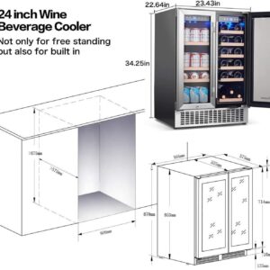 AAOBOSI 24 Inch Wine and Beverage Refrigerator - 19 Bottles & 57 Cans Capacity Dual Zone Wine Cooler - Wine Fridge Built in Counter or Freestanding - 2 Safety Locks and Blue Interior Light