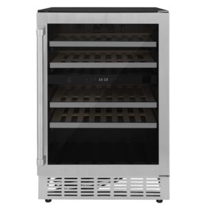 z line kitchen and bath zline 24" dual zone 44-bottle wine cooler in stainless steel with wood shelf (rwv-ud-24)