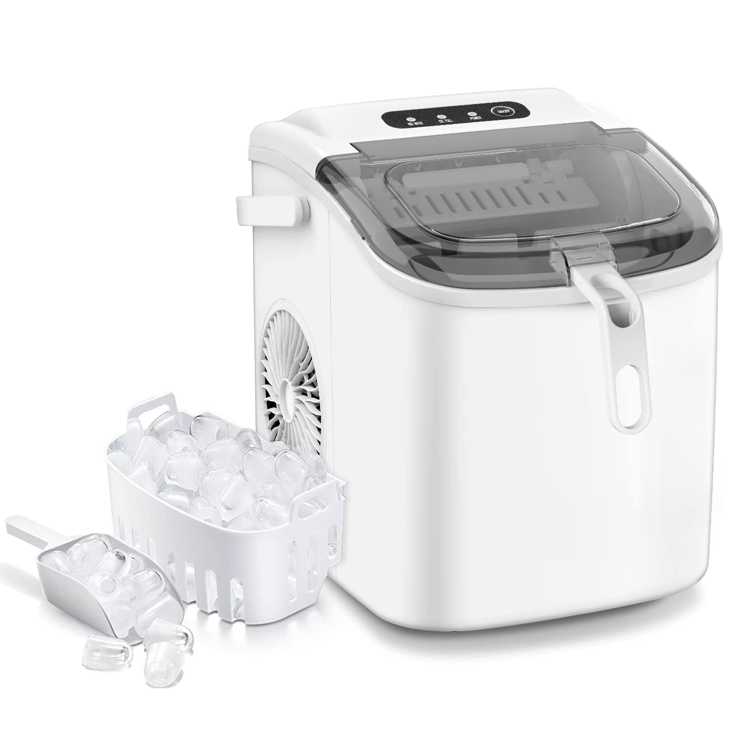 Self-Cleaning Ice Maker Ice Machine Countertop,26lbs Bullet Ice Cube in 24H,9 Cubes Ready in 6-8 Minutes,2 Ice Sizes(S/L),Portable Ice Maker with Ice Scoop&Basket for Home/Office/Bar White