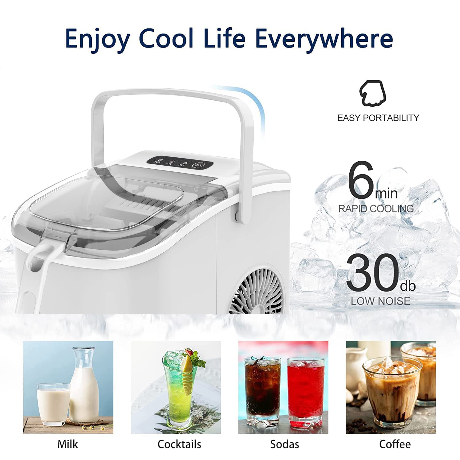 Self-Cleaning Ice Maker Ice Machine Countertop,26lbs Bullet Ice Cube in 24H,9 Cubes Ready in 6-8 Minutes,2 Ice Sizes(S/L),Portable Ice Maker with Ice Scoop&Basket for Home/Office/Bar White