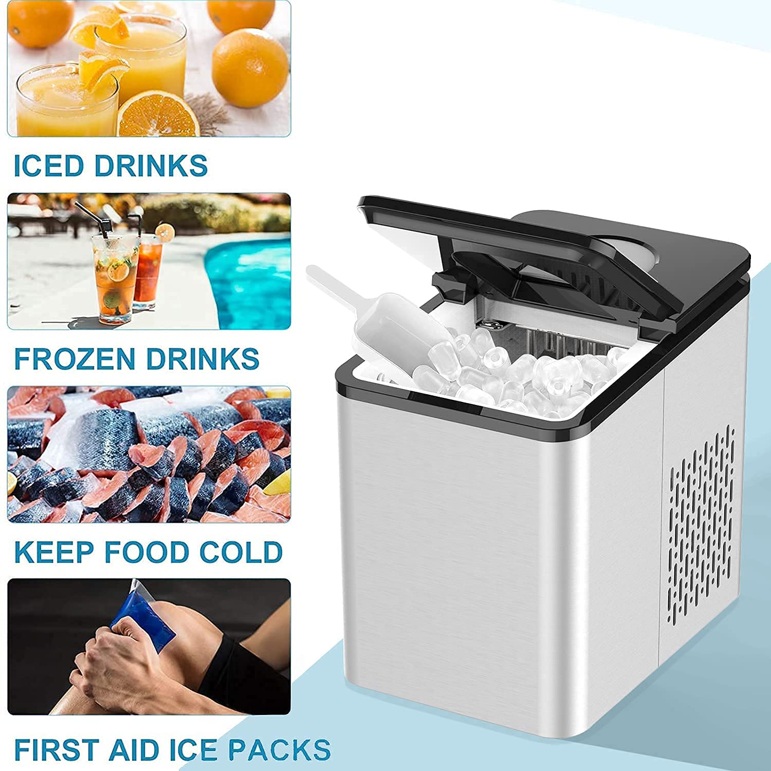 SOOPYK Counter top Ice Maker Machine with Self-Cleaning | 27 lbs in 24 hrs | 9 Ice Cubes Per 5-7 Mins | Portable Ice Maker Cube | Compact Automatic Ice Maker | Ice Scoop and Basket, Stainless Steel