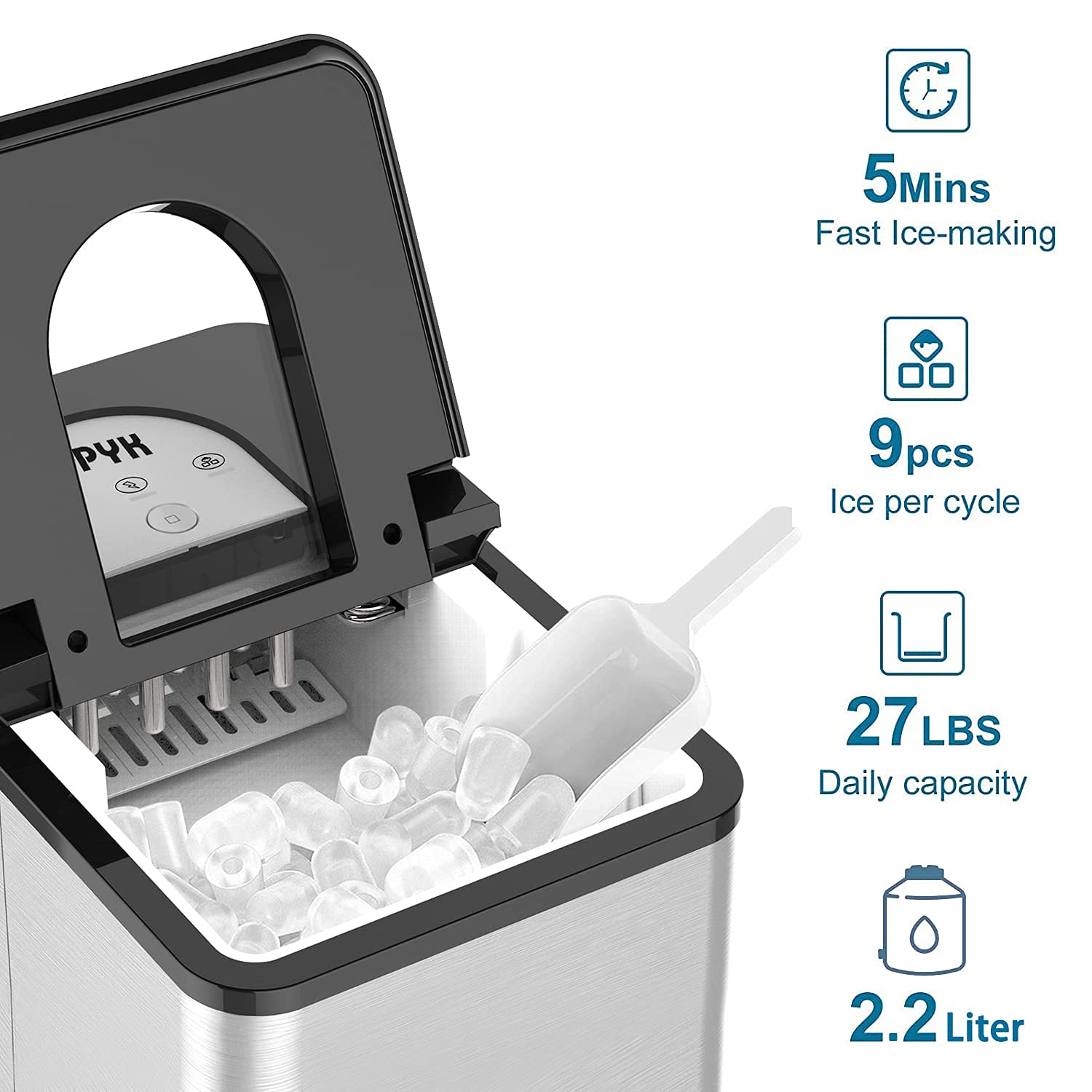 SOOPYK Counter top Ice Maker Machine with Self-Cleaning | 27 lbs in 24 hrs | 9 Ice Cubes Per 5-7 Mins | Portable Ice Maker Cube | Compact Automatic Ice Maker | Ice Scoop and Basket, Stainless Steel