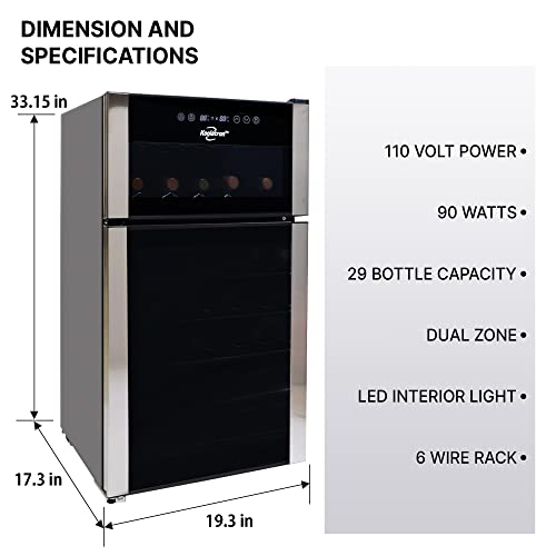 Koolatron 29 Bottle Dual Zone Wine Cooler, Black, 3 cu ft (86L) Compressor Wine Fridge, Freestanding Wine Cellar, Red, White, Sparkling Wine Storage in Home Bar, Kitchen, Apartment, Condo