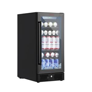 kognita 15" wine cooler under counter beverage refrigerator, free standing glass door mini beer fridge holds up to 115 cans, removable shelves, touch control, digital temperature display (black)