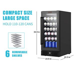 Kognita 15" Wine Cooler Under Counter Beverage Refrigerator, Free Standing Glass Door Mini Beer Fridge Holds Up To 115 Cans, Removable Shelves, Touch Control, Digital Temperature Display (Black)