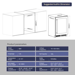 Vesgolden Undercounter Wine Fridge - Compact 24-Inch Wide, Powerful & Quiet Compressor, 53 Bottle Capacity - Perfect for Red, White & Sparkling Wines, Champagne