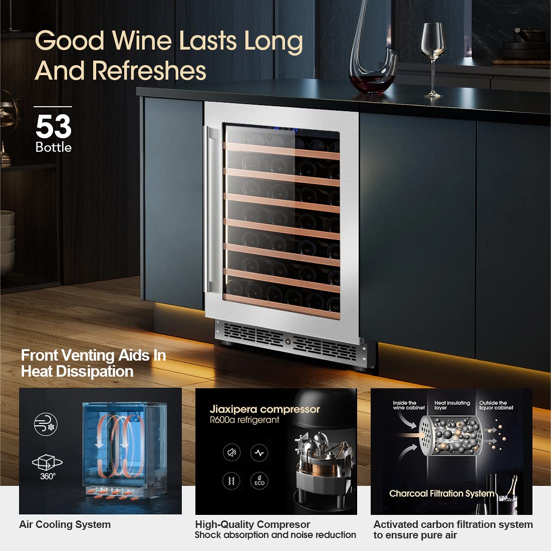 Vesgolden Undercounter Wine Fridge - Compact 24-Inch Wide, Powerful & Quiet Compressor, 53 Bottle Capacity - Perfect for Red, White & Sparkling Wines, Champagne