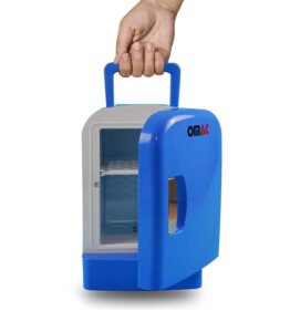 omac mini fridge 4 liter ac/dc power, 12v, portable, thermoelectric cooler and warmer personal refrigerators, blue