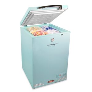 nostalgia classic retro 3.5 cu.ft. chest freezer and refrigerator all in one, includes rolling wheels, portable, indoor/outdoor, lock and keys, removable basket, adjustable temperature dial with gauge