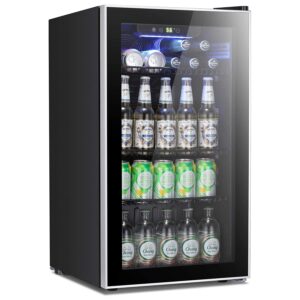 joy pebble beverage cooler and refrigerator 130 can mini fridge with glass door for soda beer or wine small drink cooler for home office or bar (3.2 cu.ft)