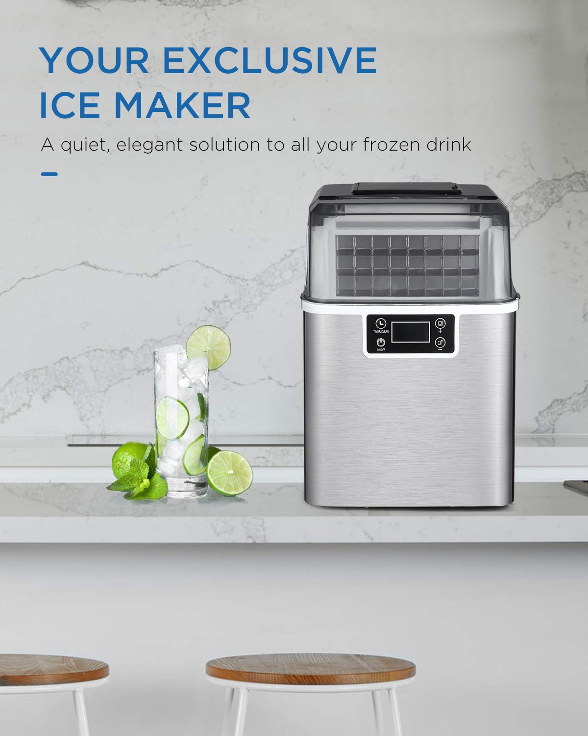 SOUKOO Ice Maker, 44lbs Daily Ice Cube Makers,Stainless Steel Ice Makers Countertop,Tabletop Ice Maker Machine with a Scoop and a 3 Pound Storage Basket…