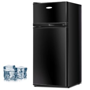 mat expert 3.4 cu.ft 2-door mini fridge with freezer, compact refrigerator w/adjustable removable glass shelves, mechanical control & recessed handle small drink cooler for dorm/office/home/rv (black)
