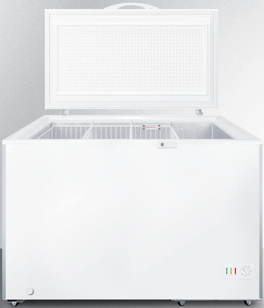 Summit Appliance SCFM133 Commercially Listed 12.1 Cu.Ft. Chest Freezer in white with Manual Defrost, Stainless Steel Corner Guards, Adjustable Thermostat, Storage Baskets and Lock