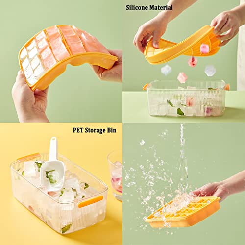 32-Ice Cube Trays, Silicone Ice Cube Tray with Lid and Storage Bin, Ice Cube Molds for Chingling Cocktail and Milk Tea, Easy Release (Color : Yellow)