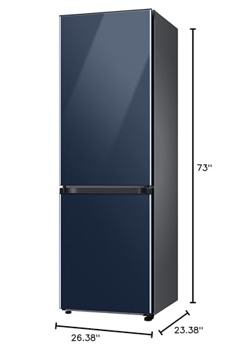 SAMSUNG 12.0 Cu Ft BESPOKE Compact Refrigerator w/ Bottom Freezer, Flexible Slim Design for Small Spaces, Even Cooling, Reversible Door, LED Lighting, Energy Star Certified, RB12A300641/AA, Navy Glass