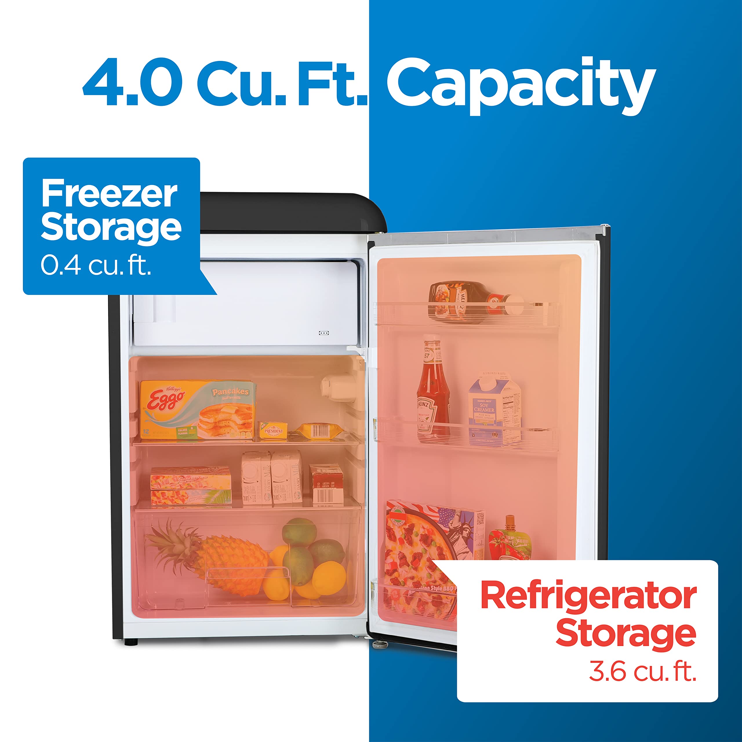 Commercial Cool CCRR4LB 4.0 Cu. Ft Freezer, Vintage Style 1 Slide-Out Glass Shelf and Crisper Cover, Retro Fridge,Black Refrigerator