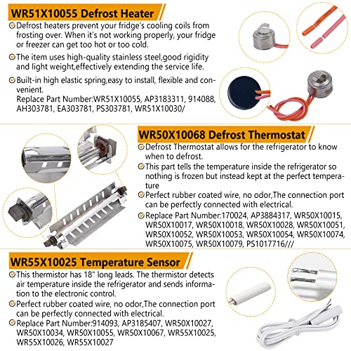 WR51X10055 Refrigerator Defrost Heater Kit Refrigerator Temperature Sensor WR55X10025 Defrost Thermostat WR50X10068 Compatible for General Electric Hotpoint Refrigerator Replaces WR51X10030 AP3183311