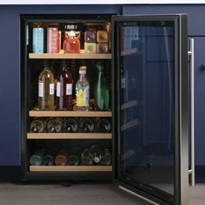 GE Wine Cooler & Beverage Refrigerator | Mini Fridge With Lock & Key Included | Complete With Oak Shelving, Glass Exterior & Warm Interior Lighting | Fits 109 Cans or 31 Wine Bottles | Stainless Steel