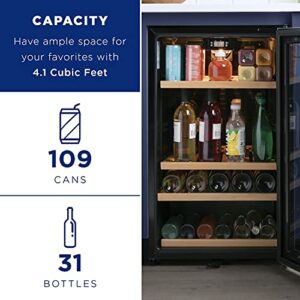 GE Wine Cooler & Beverage Refrigerator | Mini Fridge With Lock & Key Included | Complete With Oak Shelving, Glass Exterior & Warm Interior Lighting | Fits 109 Cans or 31 Wine Bottles | Stainless Steel