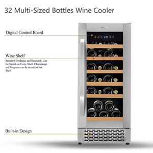 SIPMORE 【Upgraded】 Wine Cooler Built-in Multi-Size Bottle, TS-1 series Wine refrigerator, Double-Layer Tempered Glass Door, Stainless Steel, Front Ventilation (15 Inch 32 Bottles)