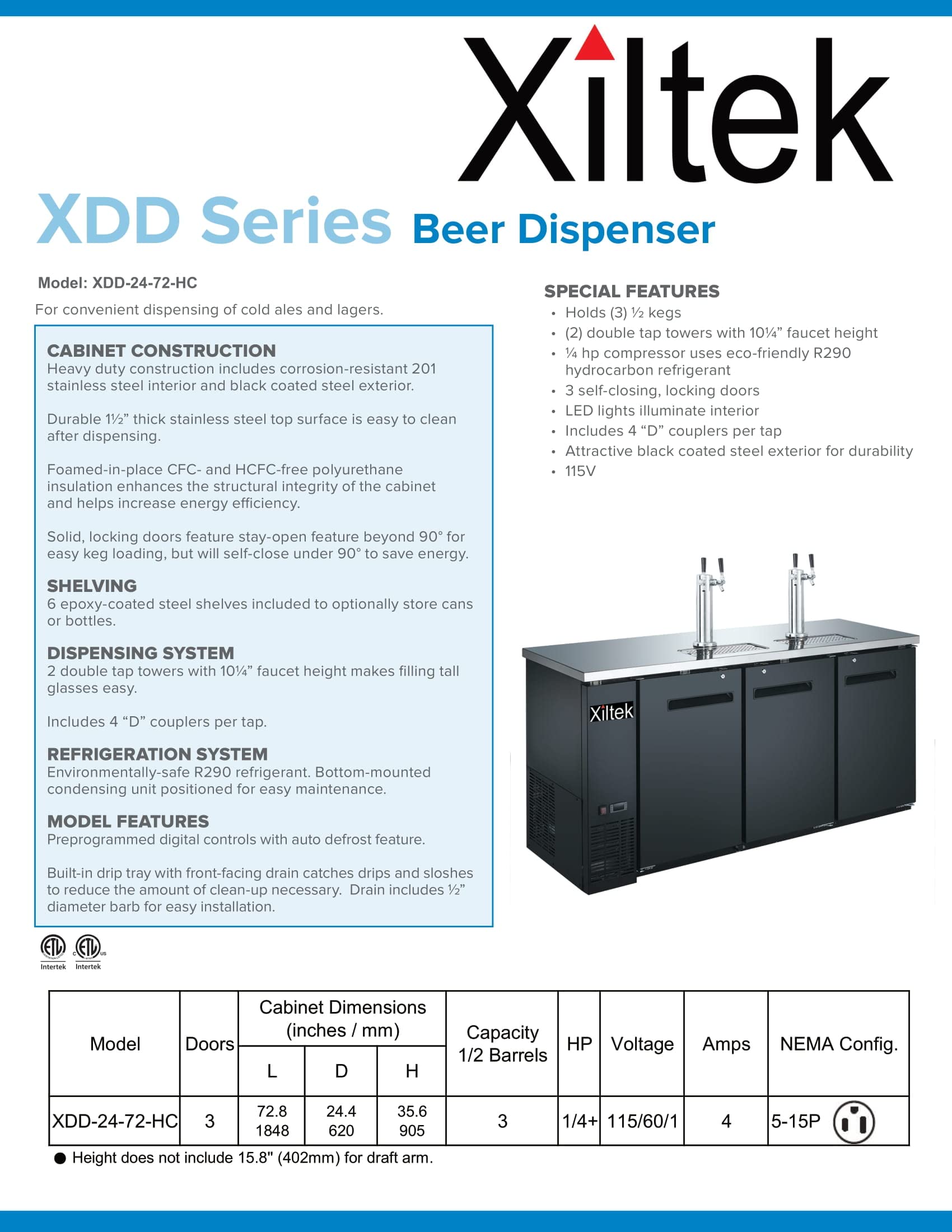 Xiltek 72" 3-Door Commercial Beer Dispenser - Double Tower Keg Cooler - Kegerator XDD-24-72-HC