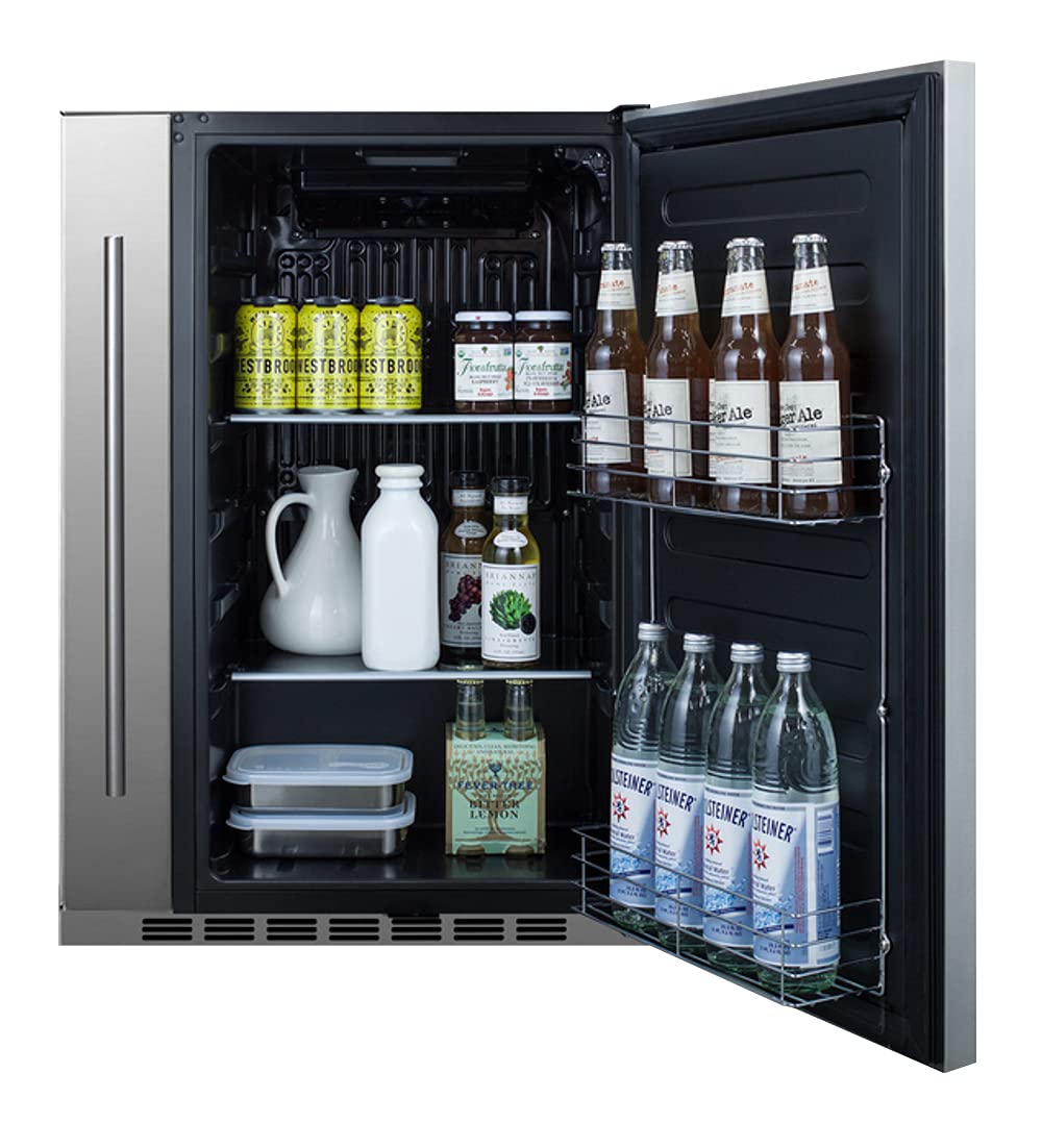 Summit Appliance SPR196OS24 24" Wide Built-In All-Refrigerator, Slide-out Storage Compartment, 17.25" Shallow Depth, Weatherproof Design, Stainless Steel Construction, 3.13 cu.ft Capacity