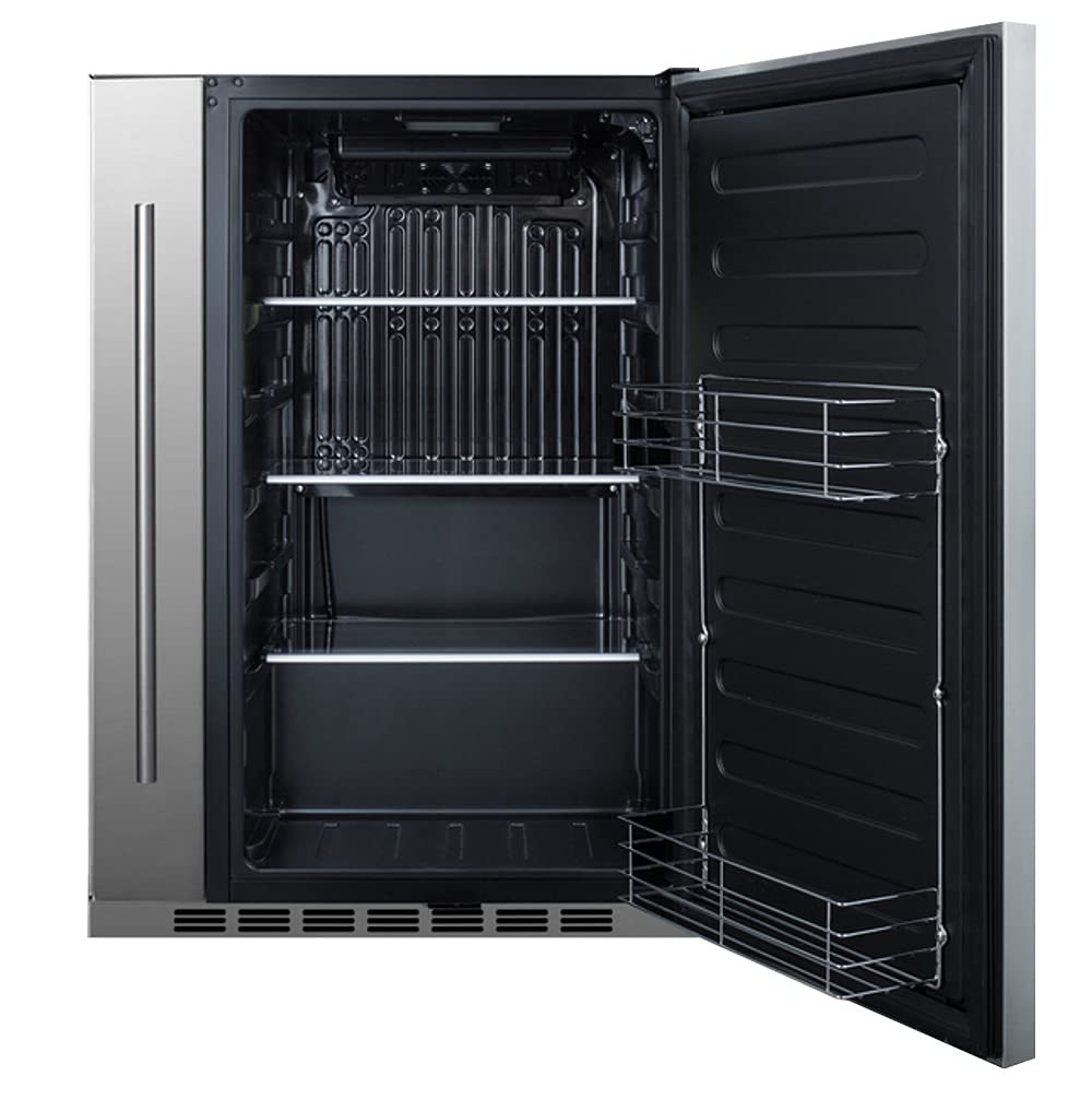 Summit Appliance SPR196OS24 24" Wide Built-In All-Refrigerator, Slide-out Storage Compartment, 17.25" Shallow Depth, Weatherproof Design, Stainless Steel Construction, 3.13 cu.ft Capacity