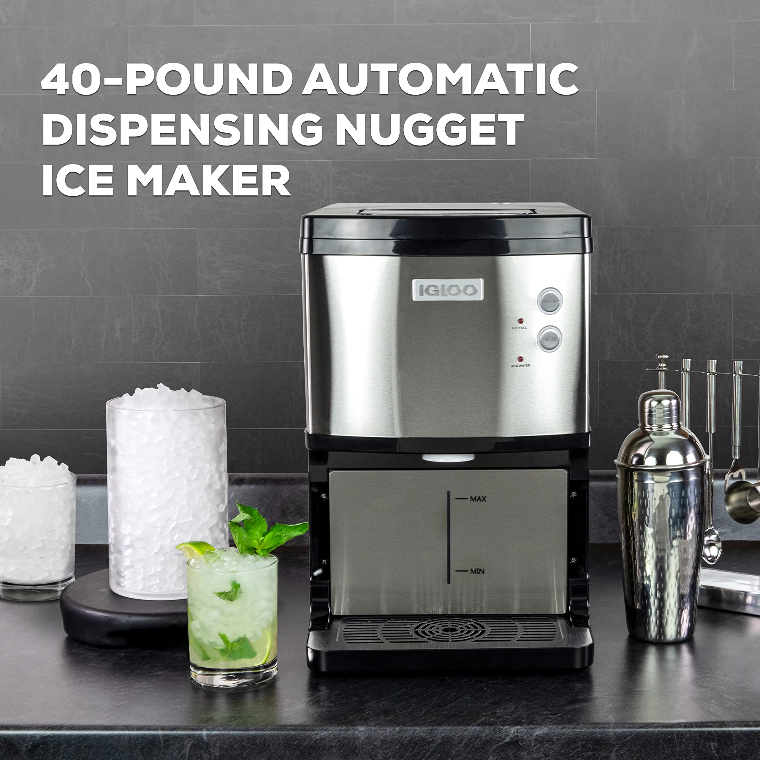 Igloo 40 LB Automatic Dispensing Nugget Ice Maker, Portable, Countertop, Stainless Steel, for Home Use, Makes Small Chewable Cubes for Cold Water, Soda, and Other Beverages