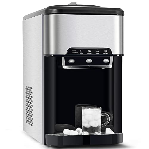 LEO11EE 3 in 1 Water Dispenser with Ice Maker Countertop, Portable Water Cooler, Quick 6 Mins Ice-Making, Hot & Cold Water and Ice, Top Loading or Bottleless, Stainless Steel