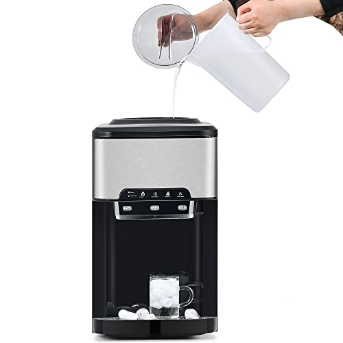 LEO11EE 3 in 1 Water Dispenser with Ice Maker Countertop, Portable Water Cooler, Quick 6 Mins Ice-Making, Hot & Cold Water and Ice, Top Loading or Bottleless, Stainless Steel