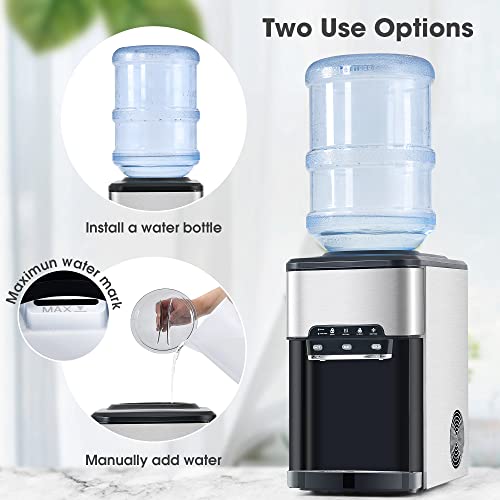 LEO11EE 3 in 1 Water Dispenser with Ice Maker Countertop, Portable Water Cooler, Quick 6 Mins Ice-Making, Hot & Cold Water and Ice, Top Loading or Bottleless, Stainless Steel