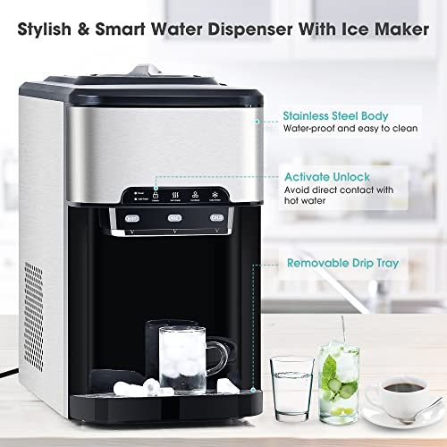 LEO11EE 3 in 1 Water Dispenser with Ice Maker Countertop, Portable Water Cooler, Quick 6 Mins Ice-Making, Hot & Cold Water and Ice, Top Loading or Bottleless, Stainless Steel