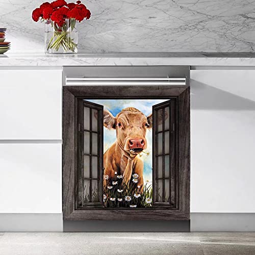 Tup Kitchen Dishwasher Sticker Farm Cow Panels,Window Flower Refrigerator Door Cover Sheet,Fridge Home Cabinet Decor Decals Appliances Stickers 23 Wx26 H inches, , 23 Wx26 H inches(Non Magnet),