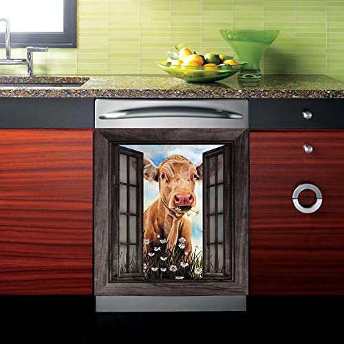 Tup Kitchen Dishwasher Sticker Farm Cow Panels,Window Flower Refrigerator Door Cover Sheet,Fridge Home Cabinet Decor Decals Appliances Stickers 23 Wx26 H inches, , 23 Wx26 H inches(Non Magnet),