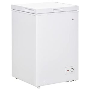 homcom compact chest freezer 3.5 cubic feet with removable basket, mini deep freezer with single door 7 temperature setting, drain hole for apartment, kitchen, or home office, white