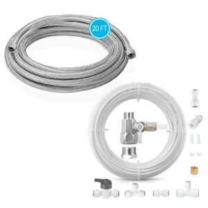20 ft premium stainless steel braided ice maker water hose + 1/4 in o.d. 25 ft water tubing with feed water adapter and quick fittings for ro filter system,refrigerator,ice maker
