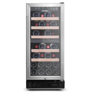 comfee' crw28b7ast freestanding & built-in wine cooler, 28 bottles wine fridge, dual cooling zone, digital control, glass door stainless steel frame